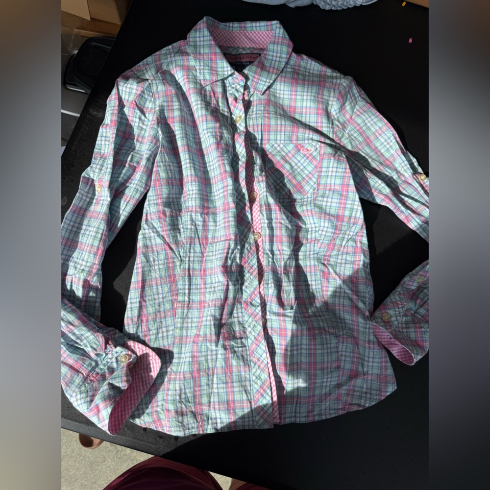 Vineyard Vines Pink and Green Plaid Button Up Shirt